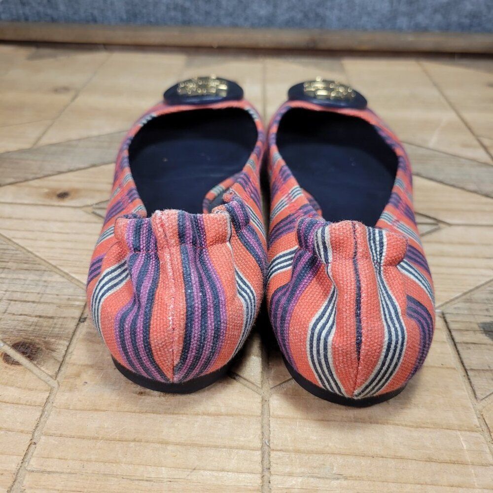 Tory Burch Reva Bauer 5.5M Ballet Flats Slip On Shoes Red Multi Stripe Canvas - Picture 6 of 11